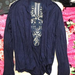 Lace back detail blue sweater cardigan.